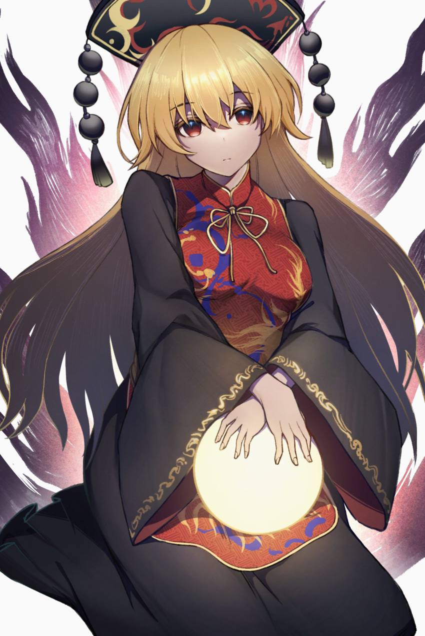 1girl black_dress black_headwear blonde_hair chinese_clothes chinese_commentary closed_mouth dress energy fingernails hair_between_eyes highres junko_(touhou) long_hair long_sleeves looking_at_viewer phoenix_crown red_eyes shishui_guima simple_background solo tabard touhou white_background wide_sleeves