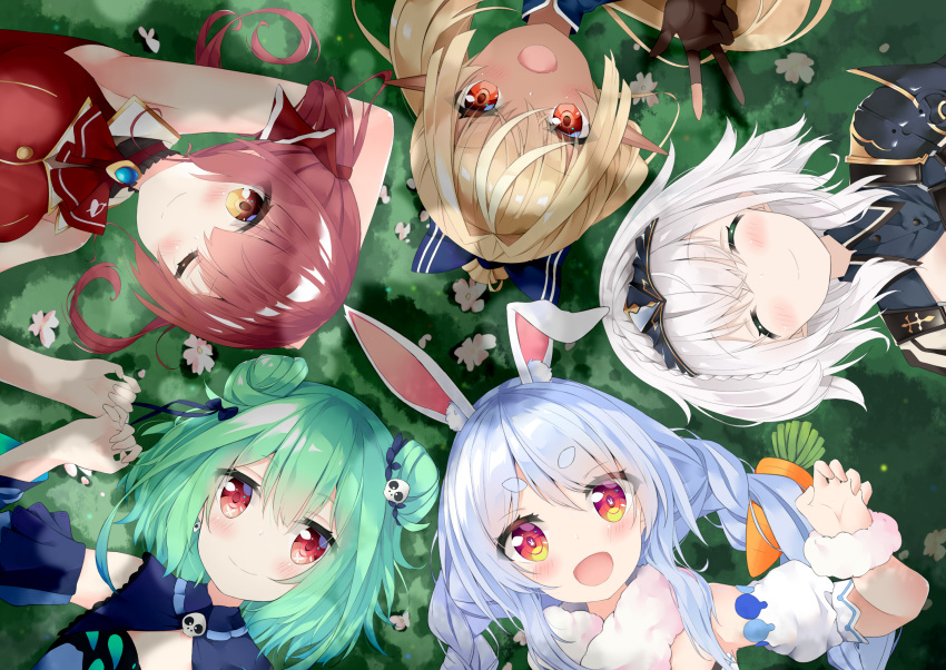 5girls :d ;) ^_^ animal_ear_fluff animal_ears arm_up armpits ascot bare_arms braid brown_eyes carrot_hair_ornament circle_formation closed_eyes commentary dark-skinned_female dark_skin double_bun extra_ears facing_viewer flower food-themed_hair_ornament from_above gloves grass hair_between_eyes hair_bun hair_ornament highres hololive hololive_fantasy houshou_marine light_blush long_hair long_pointy_ears looking_at_viewer lr_(last_remote_514) lying medium_hair multiple_girls on_back one_eye_closed open_mouth partially_fingerless_gloves pointy_ears rabbit-shaped_pupils rabbit_ears red_ascot red_eyes shiranui_flare shirogane_noel short_eyebrows skull_hair_ornament smile symbol-shaped_pupils thick_eyebrows twin_braids uruha_rushia usada_pekora virtual_youtuber w white_hair