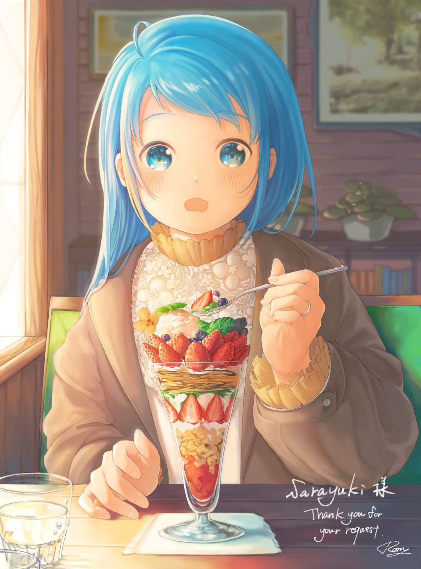 1girl absurdres alternate_costume blonde_hair blue_eyes blue_hair blush brown_jacket commission cup food fruit highres holding holding_spoon indoors jacket jewelry kantai_collection long_hair long_sleeves looking_at_viewer multicolored_hair open_mouth parfait plant potted_plant ring rom_(rommmoon) samidare_(kancolle) signature sitting skeb_commission solo spoon strawberry table upper_body wedding_ring window