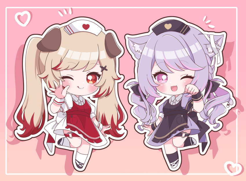 2girls :3 absurdres alternate_costume animal_ears apron black_apron black_footwear black_headwear black_socks blonde_hair blush cat_ears cat_girl commentary_request dog_ears dog_girl dress ear_ribbon full_body hat heart heart_o-ring heart_print highres ina_uruu kino_haruc long_hair looking_at_viewer low_twintails multicolored_hair multiple_girls nanashi_inc. nurse_cap o-ring o-ring_thigh_strap one_eye_closed open_mouth outline paw_pose pink_background pink_hair pocket purple_dress purple_hair red_apron red_eyes redhead seshima_rui shirt shoes smile socks thigh_strap twintails two-tone_hair virtual_youtuber white_dress white_footwear white_headwear white_outline white_shirt white_socks wristband