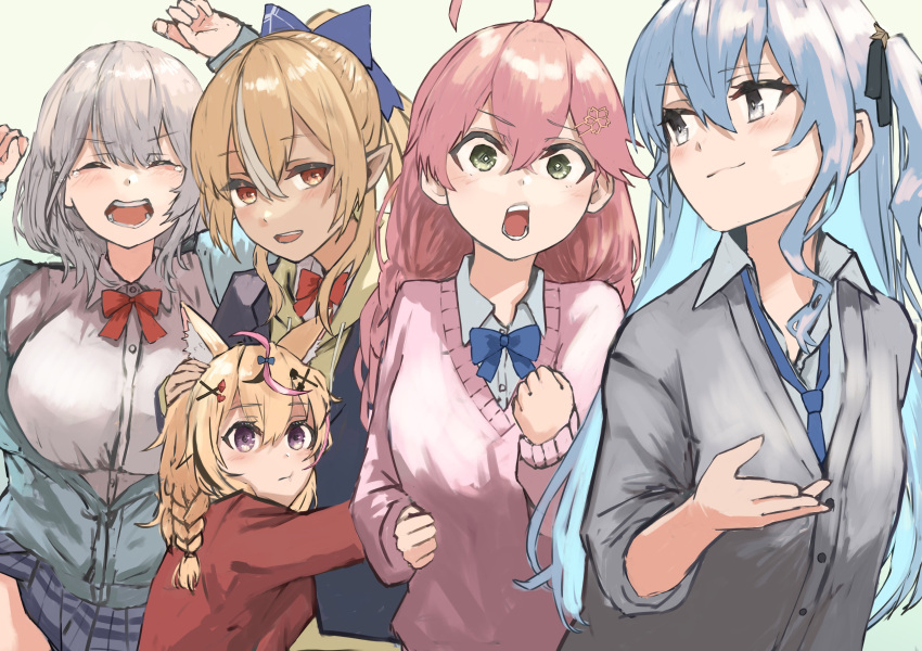 5girls absurdres ahoge alternate_costume animal_ear_fluff animal_ears blonde_hair blue_bow blue_bowtie blue_hair bow bowtie braid breasts brown_eyes clenched_hands closed_eyes commentary_request fox_ears fox_girl green_eyes grey_eyes grey_hair grey_jacket hair_between_eyes hair_ornament hairclip highres hololive hoshimachi_suisei huge_breasts jacket long_hair medium_hair miniskirt multiple_girls omaru_polka open_mouth pink_hair pink_jacket pointy_ears ponytail red_bow red_bowtie sakura_miko shiranui_flare shiranui_kensetsu shirogane_noel simple_background skirt tears virtual_youtuber wing_collar yagi0illust