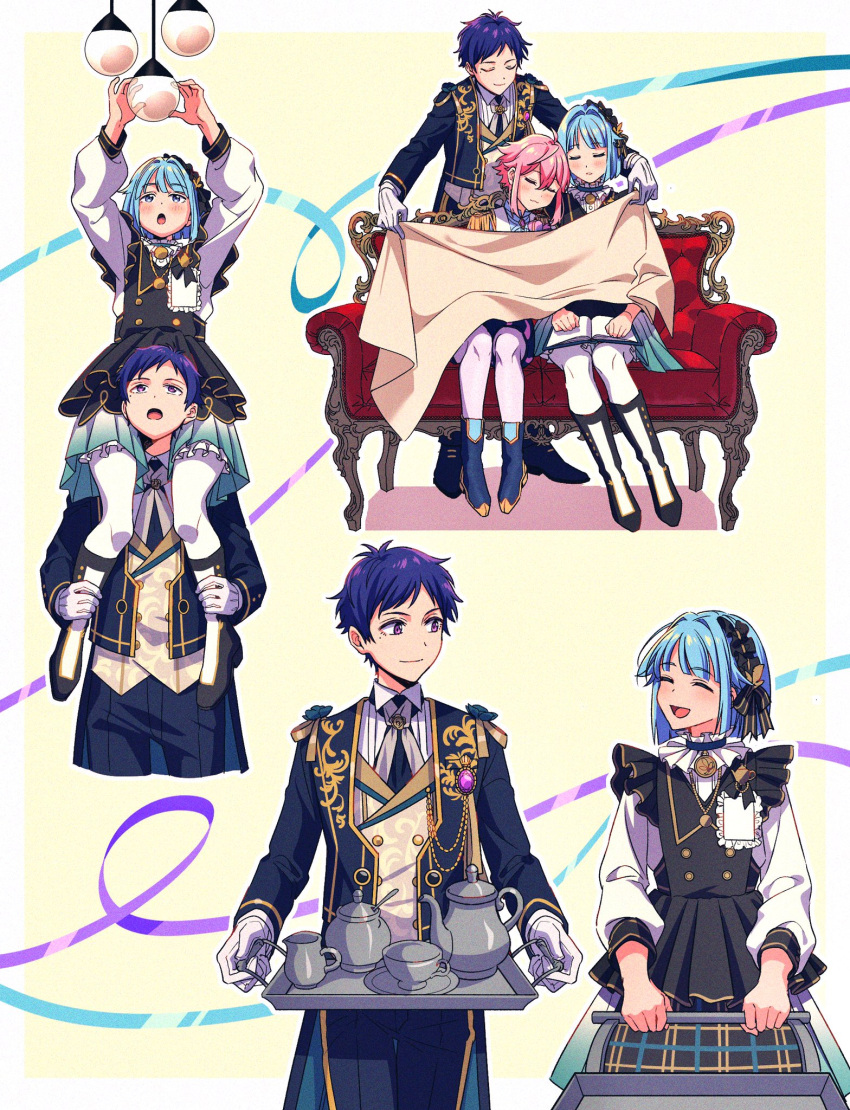 3boys :o androgynous blanket blue_hair blush buttons closed_eyes closed_mouth coat commentary_request cowboy_shot cup dark_blue_hair ensemble_stars! frills full_body fushimi_yuzuru gloves head_on_another's_shoulder highres himemiya_tori holding holding_another's_leg holding_tray long_sleeves looking_at_another looking_up male_focus mole mole_under_eye multiple_boys official_alternate_costume on_person open_mouth partial_commentary pink_hair purple_ribbon ribbon shino_hajime short_bangs short_hair sidelocks sitting sleeping sleeping_upright teapot tray user_vzxu4543 violet_eyes white_gloves