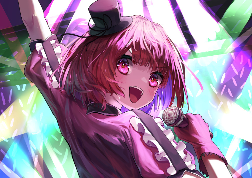 1girl :d absurdres arima_kana arm_up audience blush bob_cut collared_shirt commentary_request frilled_gloves frilled_sleeves frills gloves glowstick hat highres holding holding_microphone idol looking_back medium_hair microphone mini_hat open_mouth oshi_no_ko pink_gloves puffy_short_sleeves puffy_sleeves red_eyes red_shirt redhead shadow shirt short_sleeves smile solar_torch solo_focus stage_lights sweat teeth upper_body upper_teeth_only