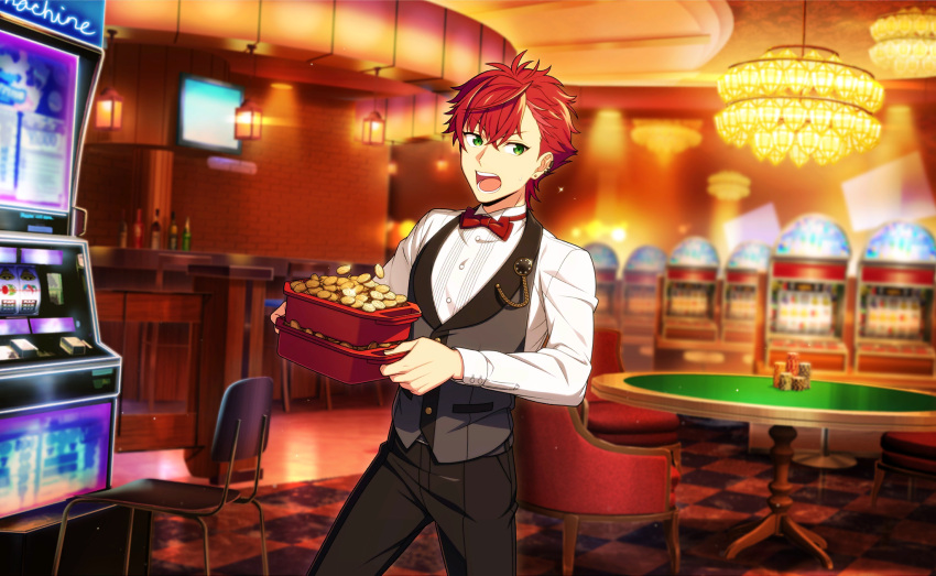 1boy black_pants bow bowtie buttons casino chair coin cowboy_shot ear_piercing earrings green_eyes happy_elements helios_rising_heroes highres holding indoors jewelry long_sleeves male_focus official_art open_mouth otori_akira pants piercing red_bow red_bowtie redhead shirt short_hair sideways_glance solo teeth third-party_source upper_teeth_only vest white_shirt