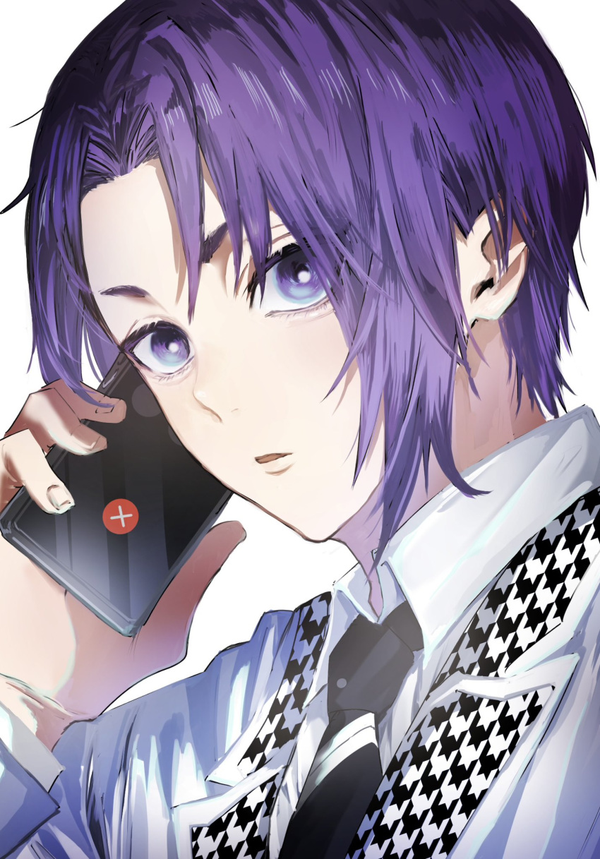 1boy 58hrprtr blue_lock bright_pupils collared_shirt commentary fingernails highres holding holding_phone lapels long_sleeves looking_at_viewer male_focus mikage_reo necktie notched_lapels parted_lips phone purple_hair school_uniform shirt short_hair simple_background solo talking_on_phone upper_body violet_eyes white_background white_pupils