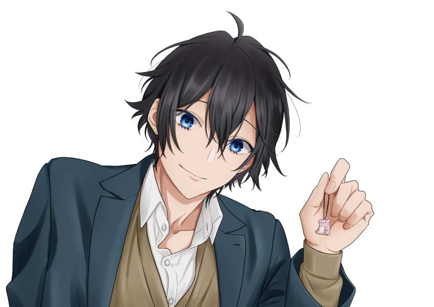 1boy absurdres black_hair blazer blue_eyes buttons closed_mouth collared_shirt commentary fingernails hair_between_eyes highres holding hori-san_to_miyamura-kun jacket keychain lapels long_sleeves looking_at_viewer male_focus miyamura_izumi notched_lapels open_collar school_uniform shirt short_hair simple_background smile solo upper_body user_xfsz4334 white_background white_shirt
