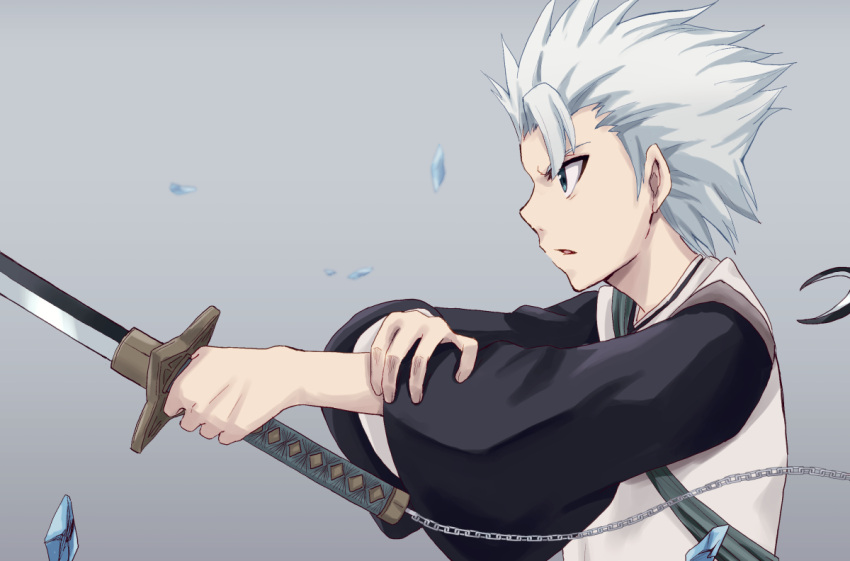 1boy bleach crystal green_eyes grey_background hand_on_own_arm haori hitsugaya_toushirou holding holding_sword holding_weapon japanese_clothes long_sleeves male_focus open_mouth shizupu spiky_hair sword weapon white_hair