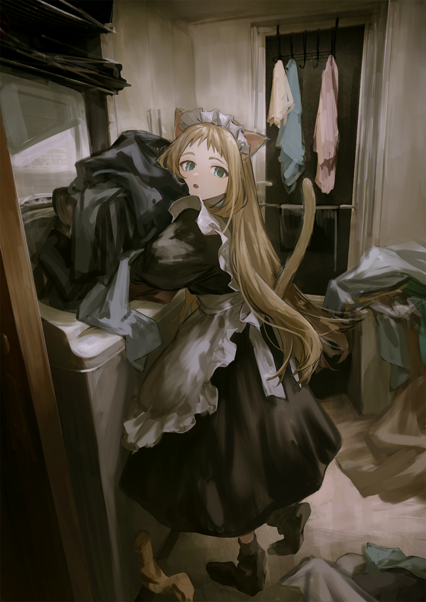 1girl alternate_costume animal_ears apron brown_hair cat_ears cat_girl cat_tail commentary enmaided frills from_side full_body green_eyes highres holding holding_clothes komenomoku laundry long_hair looking_at_viewer looking_to_the_side maid maid_apron maid_headdress messy_room open_mouth original sideways_glance socks tail