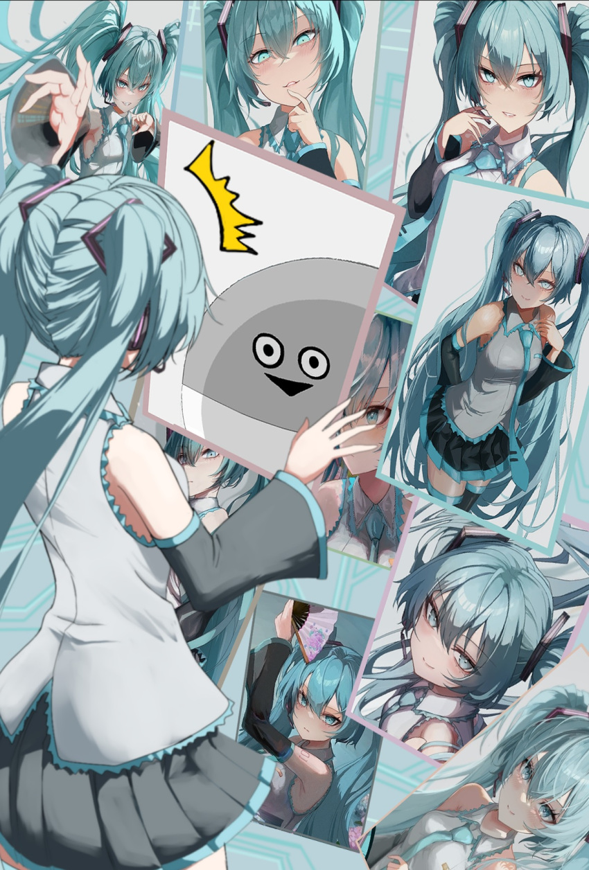 1girl aqua_eyes aqua_hair aqua_necktie artist_self-reference black_skirt blush boots collared_shirt commentary_request detached_collar from_behind grey_shirt hand_fan hatsune_miku highres holding holding_fan holding_picture kawasuru_(15miclon) long_hair looking_at_viewer necktie picture_(object) pleated_skirt sacabambaspis shirt sidelocks skirt sleeveless sleeveless_shirt thigh_boots twintails vocaloid