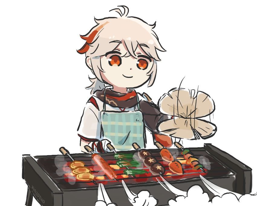 1boy ahoge apron artist_name chibi chicken-mushroom_skewer_(genshin_impact) commentary cooking fanning food genshin_impact grill grilling japanese_clothes kaedehara_kazuha meat multicolored_hair mushroom orange_eyes scarf simple_background solo streaked_hair symbol-only_commentary vegetable white_background xinzoruo