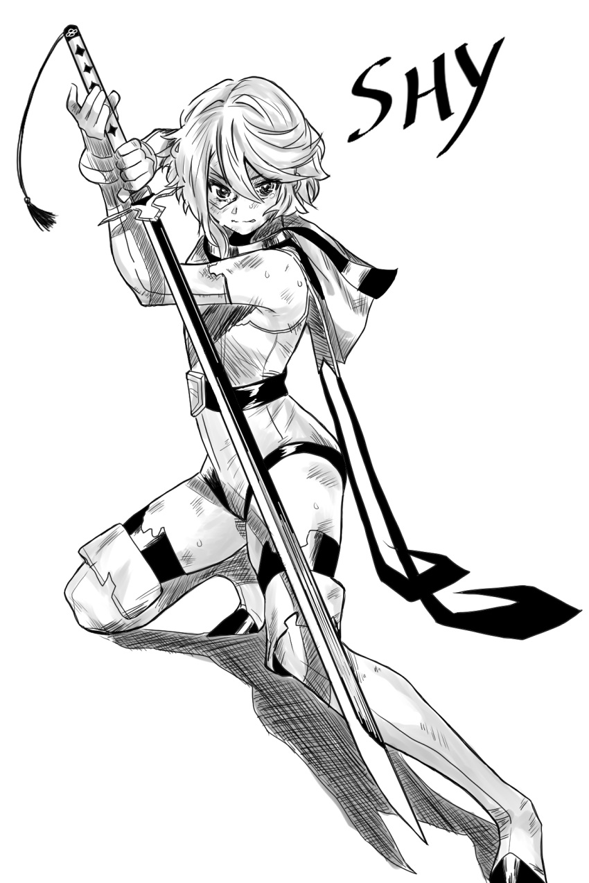 1girl bare_shoulders boots bruise character_name elbow_gloves gloves greyscale hands_up highres holding holding_sword holding_weapon hood hood_down injury katana leotard looking_at_viewer monochrome noboo short_hair shy_(character) shy_(series) solo sword thigh-highs thigh_boots weapon