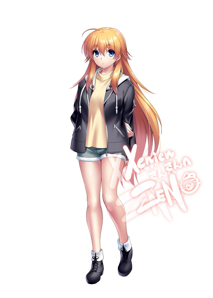 1girl ahoge alternate_costume angel_beats! arms_behind_back black_footwear black_jacket blue_eyes boots casual closed_mouth commentary commission denim denim_shorts english_commentary expressionless eyes_visible_through_hair frown full_body hair_between_eyes highres hood hood_down hooded_jacket jacket legs light_blush long_hair looking_at_viewer open_clothes open_jacket orange_hair paid_reward_available second-party_source sekine_shiori shirt shorts sidelocks simple_background skeb_commission solo spiky_hair sprite standing straight-on tying_footwear variant_set very_long_hair white_background yellow_shirt zen_(kamuro)