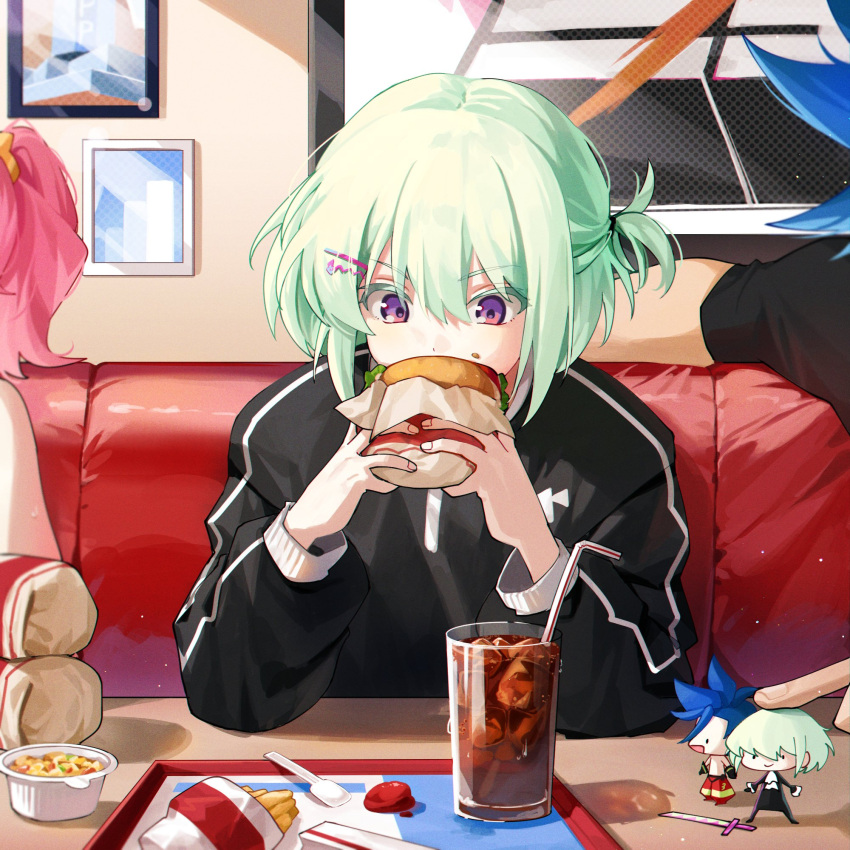 1girl 2boys aina_ardebit bendy_straw black_jacket burger chibi cola drinking_straw eating fast_food food french_fries galo_thymos glass green_hair hair_ornament hairpin highres holding holding_food jacket lio_fotia multiple_boys otoko_no_ko out_of_frame picture_frame prmattotia promare short_hair side_ponytail sitting soda solo_focus tray violet_eyes