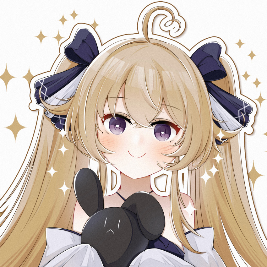 1girl ahoge attilio_regolo_(azur_lane) azur_lane bare_shoulders blush brown_hair closed_mouth criss-cross_halter crossed_bangs detached_sleeves ggwy hair_between_eyes hair_ribbon halterneck hands_up heart heart-shaped_pupils highres holding holding_stuffed_toy light_brown_hair long_hair looking_at_viewer mole mole_under_eye ribbon sleeves_past_fingers sleeves_past_wrists smile solo sparkle sparkle_background stuffed_animal stuffed_rabbit stuffed_toy symbol-shaped_pupils twintails upper_body violet_eyes
