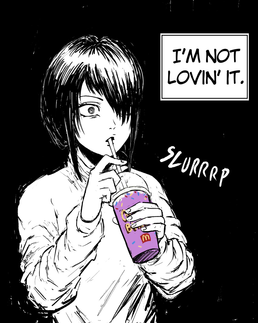1girl absurdres chainsaw_man cup disposable_cup drinking_straw english_text greyscale grimace_shake_(meme) highres holding holding_cup ibumuc long_hair meme monochrome nayuta_(chainsaw_man) ringed_eyes solo spot_color turtleneck