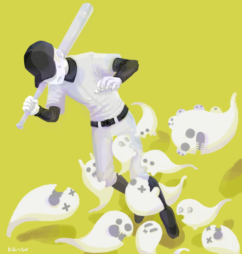 1boy artist_name baseball_bat baseball_cap baseball_uniform belt chewing commentary_request covered_eyes dutch_angle faceless faceless_male ghost greyscale_with_colored_background hands_up hat highres holding holding_baseball_bat kneehighs layered_sleeves long_sleeves male_focus niwasakino_daei o_x off_(game) over_shoulder shadow short_over_long_sleeves short_sleeves simple_background socks solo sportswear surrounded sweatdrop the_batter_(off) weapon weapon_over_shoulder x_x yellow_background
