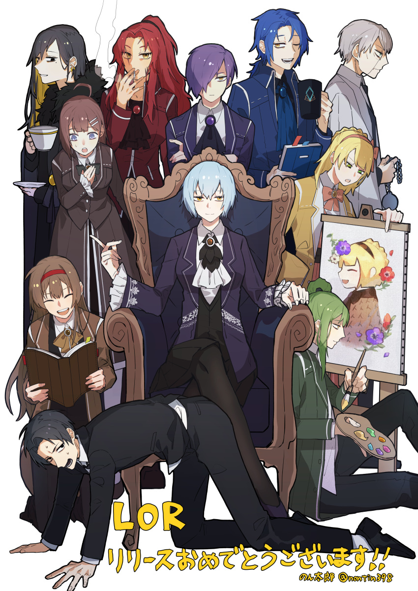 5boys 6+girls :| absurdres ahoge all_fours angela_(project_moon) ascot binah_(project_moon) black_ascot black_coat black_eyes black_hair black_jacket black_necktie black_pants black_pantyhose black_shirt black_skirt black_vest blonde_hair blue_ascot blue_brooch blue_eyes blue_hair blue_jacket book braid breasts brooch brown_eyes brown_hair brown_jacket brown_ribbon brown_skirt chair chesed_(project_moon) closed_eyes closed_mouth coat collared_shirt commentary_request crown_braid cup dress earclip easel frilled_sleeves frills fur-trimmed_coat fur_trim gebura_(project_moon) green_coat green_eyes green_ribbon grey_hair hair_over_one_eye hair_ribbon hairband hand_on_own_chest hand_up highres hod_(project_moon) hokma_(project_moon) holding holding_book holding_cup holding_paintbrush holding_palette jacket jewelry kneeling library_of_ruina light_blue_hair lobotomy_corporation long_hair long_skirt long_sleeves malkuth_(project_moon) medium_breasts mole mole_under_eye monocle multicolored_hair multiple_boys multiple_girls neck_ribbon necktie netzach_(project_moon) non_tarou on_chair one_eye_closed open_book open_clothes open_coat open_mouth orange_dress orange_hairband orange_ribbon paintbrush painting_(object) palette_(object) pants pantyhose pleated_skirt project_moon purple_brooch purple_coat purple_hair red_hairband ribbon roland_(library_of_ruina) sanpaku shirt short_hair sitting skirt small_breasts smile streaked_hair suit sweat teacup teeth tiphereth_a_(project_moon) tiphereth_b_(project_moon) translation_request upper_teeth_only vest white_jacket white_shirt yellow_coat yellow_eyes yesod_(project_moon)