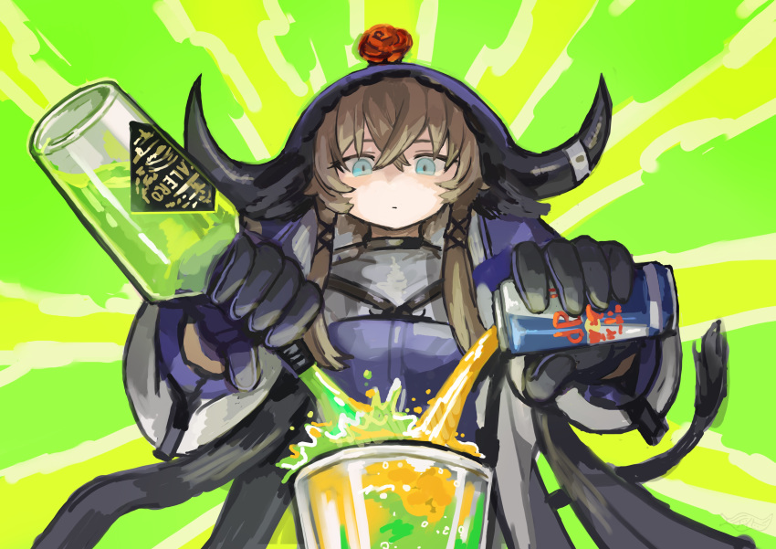 1girl absurdres alcohol animal_ears arknights black_gloves blue_eyes bottle buchi0122 can closed_mouth commentary cow_ears cow_girl cow_horns crossed_bangs cup drinking_glass expressionless flower flower_on_head gloves green_background grey_sleeves highres holding holding_bottle holding_can horns layered_shirt light_brown_hair long_sleeves looking_at_object mixing multicolored_background outstretched_arms pallas_(arknights) pouring puffy_long_sleeves puffy_sleeves purple_shirt red_bull red_flower red_rose rose shaded_face shirt short_hair_with_long_locks sidelocks solo straight-on sunburst sunburst_background upper_body yellow_background