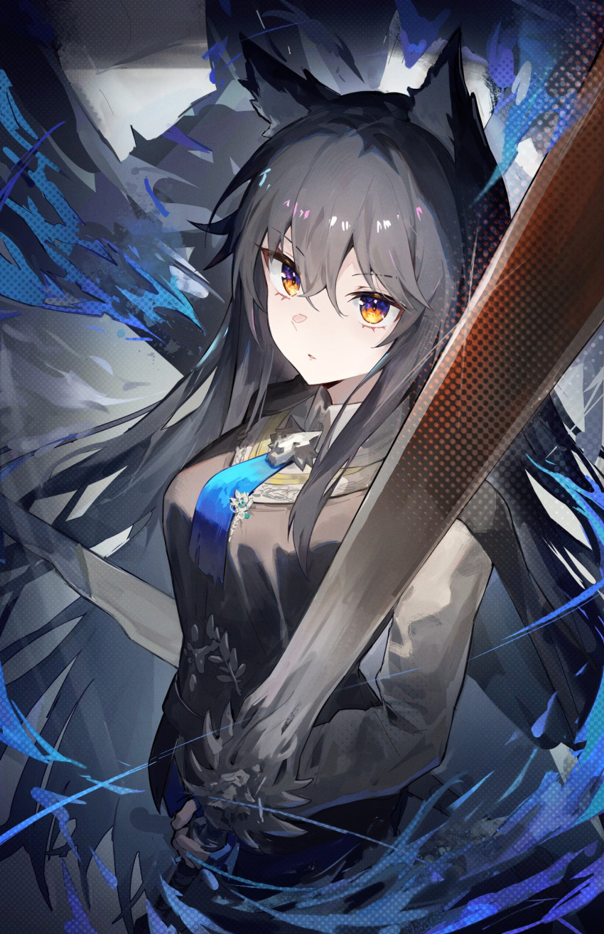1girl animal_ear_fluff animal_ears arknights black_hair black_vest blue_necktie collared_shirt commentary greypidjun highres holding holding_sword holding_weapon jacket jacket_on_shoulders long_hair long_sleeves looking_at_viewer necktie orange_eyes shirt short_necktie solo sword texas_(arknights) texas_the_omertosa_(arknights) vest waistcoat weapon white_shirt wolf_ears wolf_girl