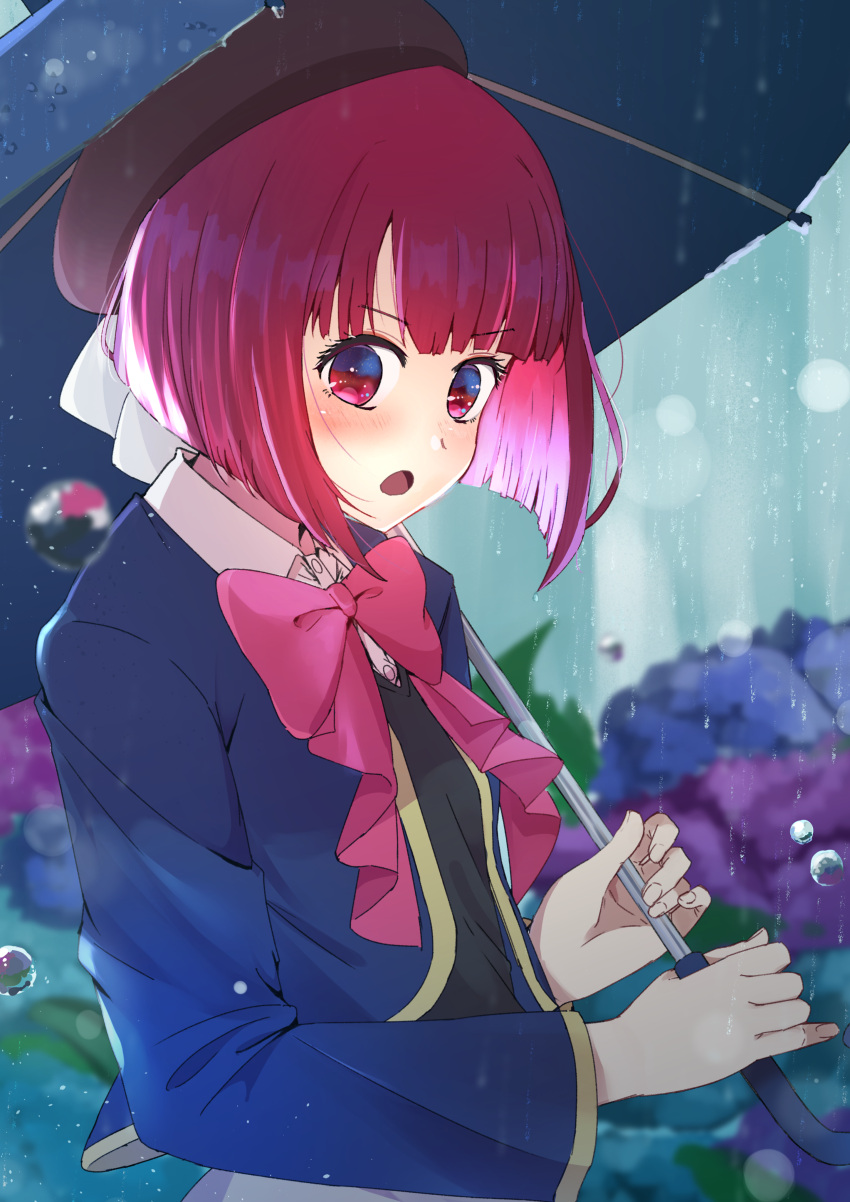 1girl absurdres arima_kana beret black_headwear black_vest blue_jacket blue_umbrella blunt_bangs blurry blurry_background blush bob_cut bow bowtie collared_shirt commentary cowboy_shot depth_of_field flower hat hat_bow highres holding holding_umbrella hydrangea inverted_bob jacket long_sleeves looking_at_viewer medium_hair no_pupils open_clothes open_jacket open_mouth oshi_no_ko outdoors pink_bow pink_bowtie rain red_eyes redhead ryougen_(koh_y1) school_uniform shirt solo umbrella vest water_drop white_bow white_shirt youtou_high_school_uniform