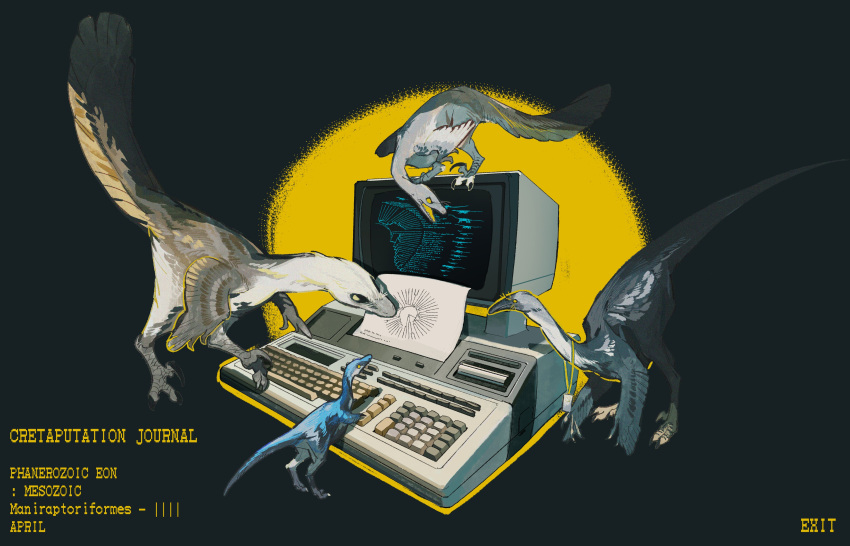 absurdres animal_focus blank_eyes computer dinosaur english_text feathers from_side full_body grey_background highres ibm lanyard nightcrow no_humans open_mouth original outline standing talons two-tone_background velociraptor yellow_eyes yellow_outline