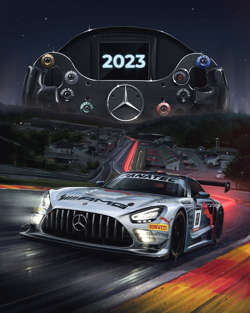 2023 absurdres andrew_mytro car circuit_de_spa-francorchamps glowing gt_world_challenge_europe helmet highres light_trail making-of_available mercedes-benz mercedes-benz_amg_gt motor_vehicle night official_art pirelli promotional_art puma_(brand) race_vehicle racecar racetrack real_life real_world_location spoiler_(automobile) star_(sky) steering_wheel vehicle_focus