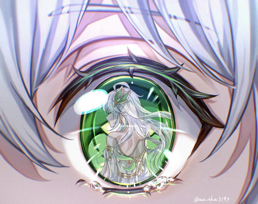 2girls ahoge artist_name back bare_back breasts closed_mouth cross-shaped_pupils crying crying_with_eyes_open dress eye_focus eye_reflection eyelashes genshin_impact gold_trim gradient_hair green_eyes grey_dress grey_hair hair_between_eyes hair_ornament half-closed_eyes highres leaf leaf_hair_ornament long_hair long_sleeves looking_at_another looking_to_the_side medium_breasts mo_sha3194 multicolored_hair multiple_girls nahida_(genshin_impact) off-shoulder_dress off_shoulder pointy_ears puffy_long_sleeves puffy_sleeves reflection rukkhadevata_(genshin_impact) smile sparkle standing symbol-shaped_pupils tears two-tone_hair