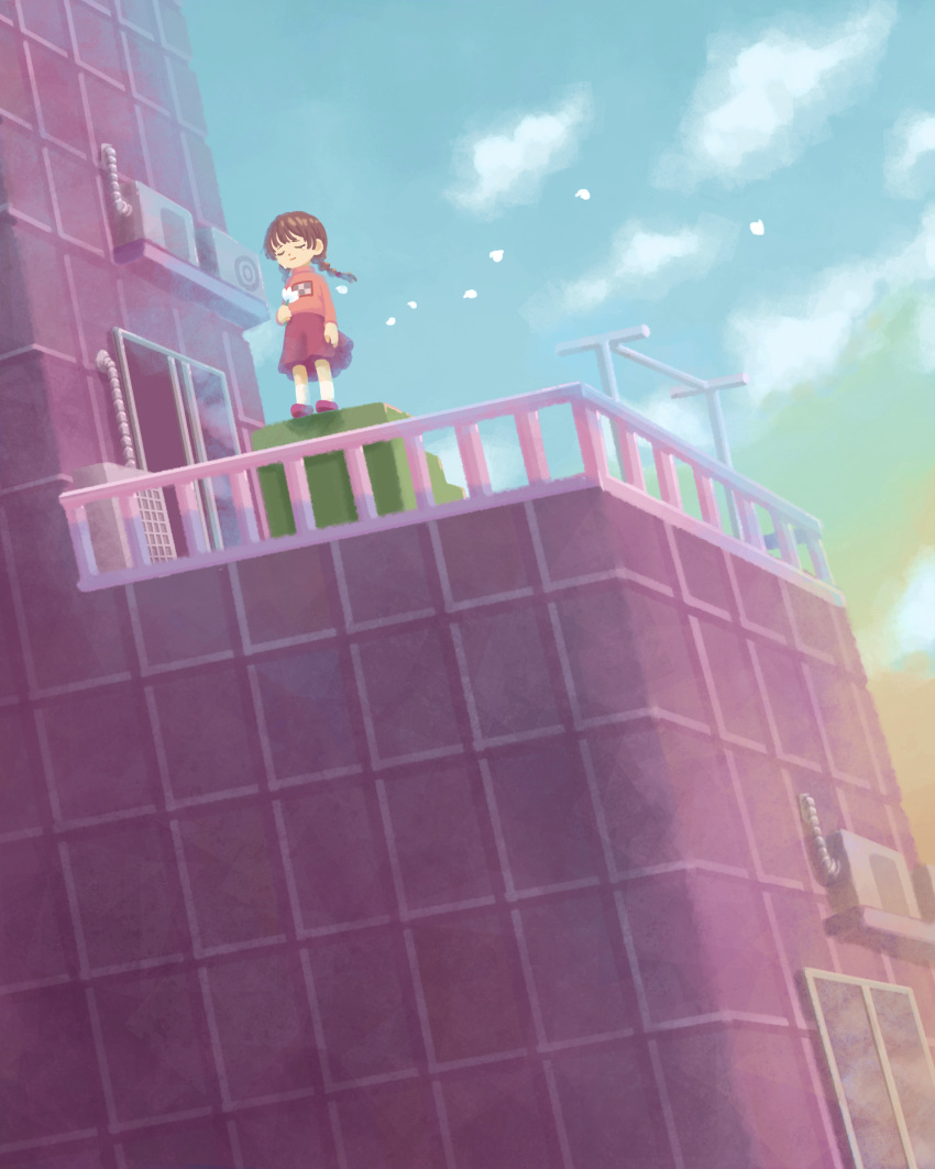 1girl absurdres arm_at_side balcony blue_sky building closed_eyes closed_mouth clothesline clouds cloudy_sky commentary_request crying dutch_angle facing_viewer floating_hair flower glass_door gradient_sky green_sky highres holding holding_flower imminent_suicide kneehighs ledge long_sleeves madotsuki niwasakino_daei open_door orange_sky petals pink_sweater print_sweater purple_footwear purple_skirt railing sad_smile skirt sky sliding_doors smile socks solo spoilers stairs standing sweater turtleneck turtleneck_sweater white_flower white_socks wide_shot wind yume_nikki