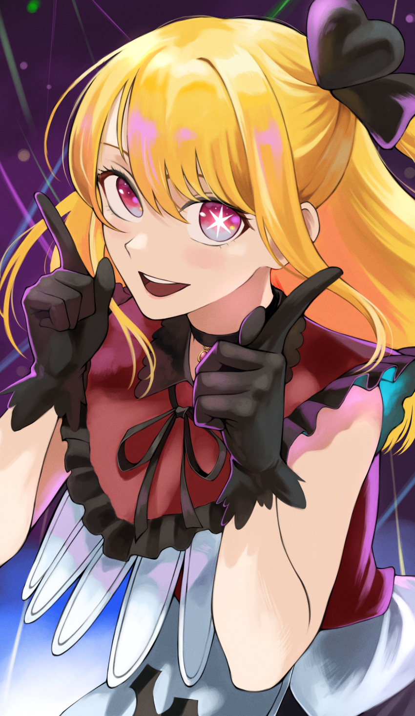 1girl absurdres black_gloves black_ribbon blonde_hair bow choker dress fengling_(furin-jp) floating_hair frilled_dress frills gloves hair_between_eyes hair_bow hands_up highres hoshino_ruby idol idol_clothes index_fingers_raised long_hair looking_at_viewer open_mouth oshi_no_ko pink_eyes red_eyes ribbon sidelocks smile solo stage_lights star_(symbol) star_in_eye symbol_in_eye upper_body
