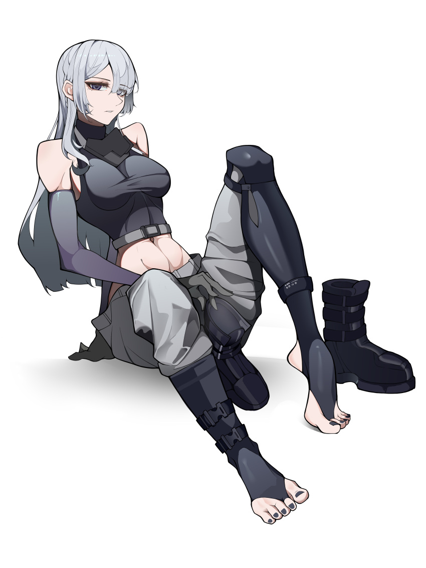 1girl abs absurdres ak-15_(girls'_frontline) boots breasts elbow_gloves girls_frontline gloves highres large_breasts long_hair looking_at_viewer navel simple_background sitting solo stomach swept_bangs tactical_clothes tank_top violet_eyes white_background white_hair yat_(tsmn7245)