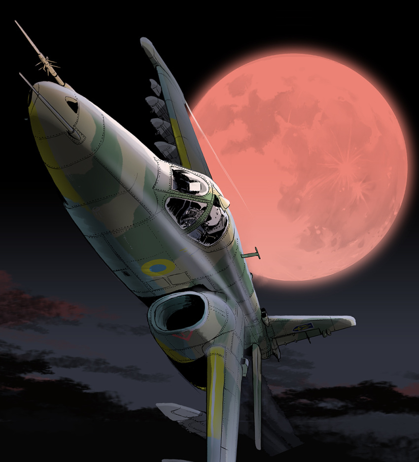 1other aircraft airplane clouds fighter_jet full_moon jet matsuda_juukou military military_vehicle moon night night_sky original outdoors pilot red_moon sky su-25 vehicle_focus
