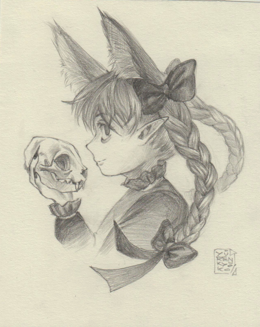 1girl animal_ear_fluff animal_ears bow braid cat_ears closed_mouth commentary_request cropped_torso extra_ears frills from_side graphite_(medium) hair_between_eyes hair_bow hair_ribbon hand_up highres holding holding_skull kaenbyou_rin light_smile long_hair long_sleeves looking_to_the_side pointy_ears profile ribbon skull solo touhou traditional_media tress_ribbon twin_braids upper_body yuuren_kyouko