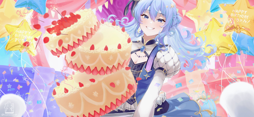 1girl absurdres artist_logo balloon blue_eyes blue_hair cake cleavage_cutout clothing_cutout confetti dress floating_hair food fruit gem grin hair_between_eyes happy_birthday highres holding holding_cake holding_food holding_plate hololive hoshimachi_suisei hoshimachi_suisei_(5th_costume) juliet_sleeves long_hair long_sleeves looking_at_viewer mercs_(kapebeovorus) plate puffy_sleeves smile solo star_(symbol) star_balloon star_in_eye strawberry strawberry_cake symbol_in_eye twitter_username upper_body virtual_youtuber