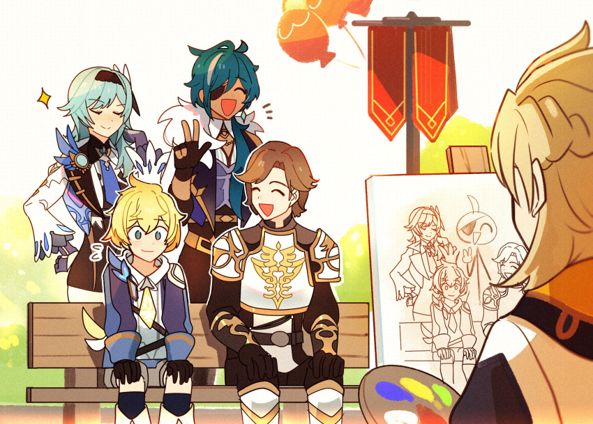 1girl 5boys :d \||/ ^_^ absurdres albedo_(genshin_impact) antenna_hair arm_guards armor balloon bench black_gloves black_hairband black_leotard blonde_hair blue_eyes blue_hair blue_jacket blue_necktie braid brothers brown_hair canvas_(object) cape closed_eyes crossed_bangs dark-skinned_male dark_skin drawing earrings easel english_commentary enpitsu01 eula_(genshin_impact) eyepatch facing_away flag flying_sweatdrops french_braid fur_scarf fur_trim genshin_impact gloves gradient_hair hair_between_eyes hair_flip hair_ornament hairband hands_on_own_knees highres hood hoodie huffman_(genshin_impact) jacket jewelry kaeya_(genshin_impact) leotard long_sleeves looking_at_another medium_hair mika_(genshin_impact) multicolored_hair multiple_boys necktie outdoors paint palette_(object) park_bench partially_fingerless_gloves pauldrons redhead short_hair shoulder_armor siblings single_earring sleeve_cuffs smile sparkle streaked_hair swept_bangs triangle_mouth two-tone_hair two-tone_necktie v vision_(genshin_impact) white_hair white_necktie yellow_necktie