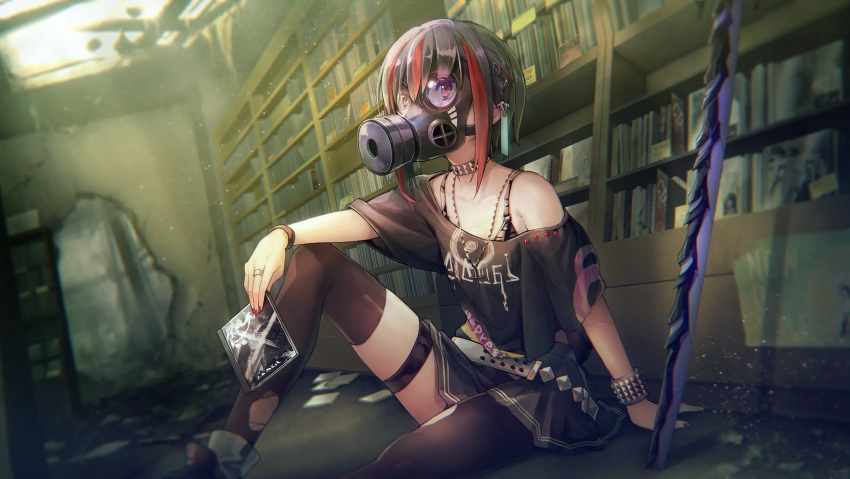 1girl abandoned black_hair black_thighhighs gas_mask heaven_burns_red highres indoors mask mikoto_fubuki mouth_mask multicolored_hair non-web_source official_art pleated_skirt red_eyes redhead skirt solo streaked_hair surgical_mask sword thigh-highs thigh_strap weapon