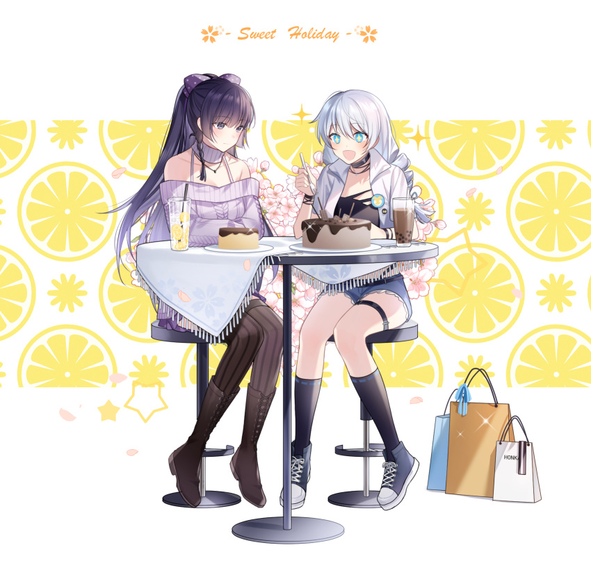 +_+ 2girls 5233673792 bag bare_shoulders black_socks black_thighhighs blue_eyes blunt_bangs boots bow braid cake chair collared_shirt contemporary couple cup elbows_on_table floral_background flower food fork fruit hair_between_eyes hair_bow highres holding holding_fork honkai_(series) honkai_impact_3rd kiana_kaslana lemon lemon_slice light_blush light_smile multiple_girls off_shoulder on_chair open_clothes open_mouth open_shirt patterned_background pink_flower plate ponytail pudding purple_hair raiden_mei shirt shoes shopping_bag shorts sitting socks table tablecloth thigh-highs twin_braids violet_eyes white_hair yuri