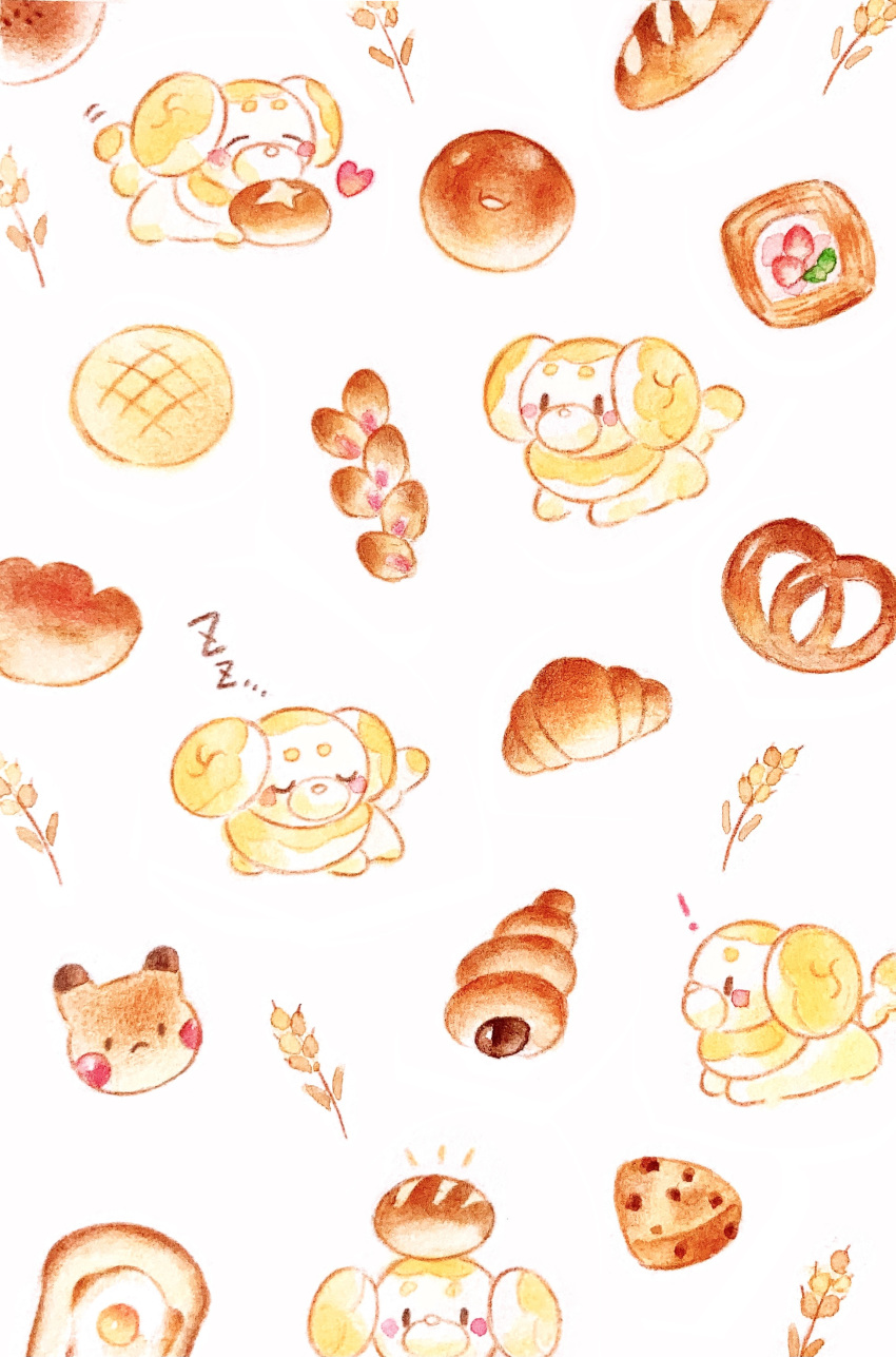 ! absurdres bagel blush blush_stickers bread bread_slice brioche bun_(food) character_food chocolate_cornet closed_eyes colored_pencil_(medium) commentary_request croissant egg_(food) fidough food food_on_head food_request fried_egg fried_egg_on_toast heart highres looking_at_viewer melon_bread no_humans notice_lines object_on_head painting_(medium) pikachu pokemon pokemon_(creature) pretzel simple_background sleeping solid_oval_eyes tail tail_wagging toast traditional_media u_u watercolor_(medium) wheat white_background yukichi_0611 zzz