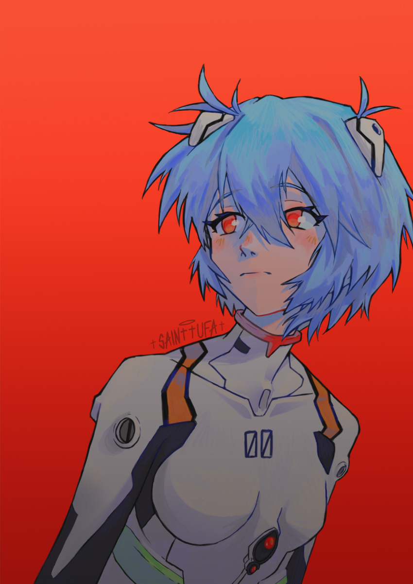 1girl absurdres artist_name ayanami_rei blush bodysuit breasts closed_mouth expressionless hair_between_eyes highres messy_hair neon_genesis_evangelion pilot plugsuit red_background red_eyes sainttufa short_hair simple_background solo white_bodysuit