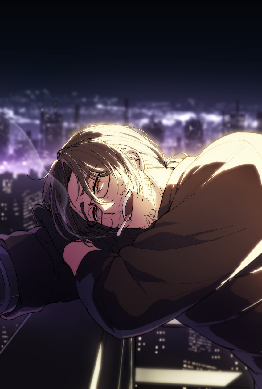 1boy absurdres against_railing arlg_pm balcony black_gloves brown_eyes brown_hair cigarette city facial_hair glasses gloves gregor_(limbus_company) highres limbus_company male_focus night project_moon railing smile smoke solo stubble