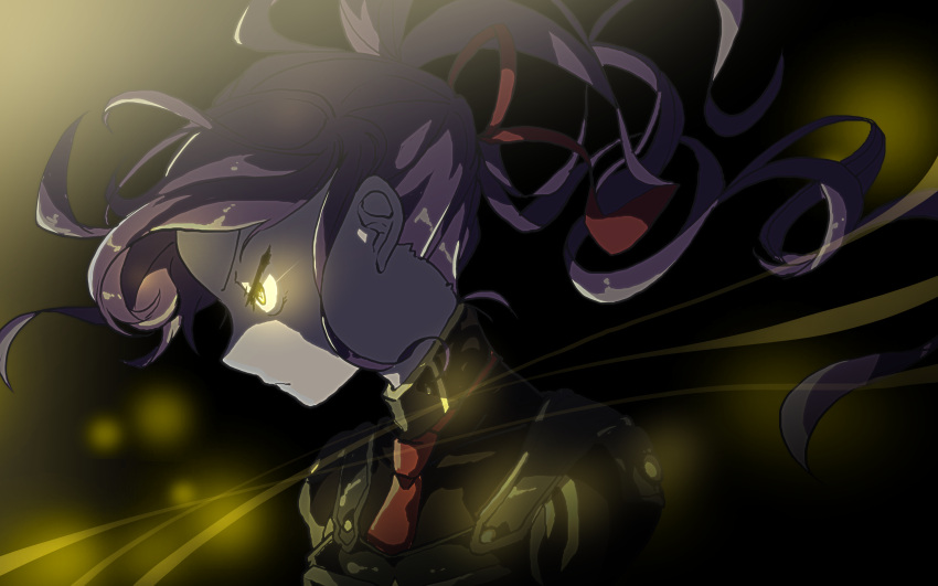 1girl absurdres armor black_shirt breastplate closed_mouth commentary_request e.g.o_(project_moon) employee_(lobotomy_corporation) frown glowing glowing_eyes hair_ribbon highres hinamikan lobotomy_corporation long_hair necktie ponytail profile project_moon purple_hair red_necktie red_ribbon ribbon shirt solo v-shaped_eyebrows yellow_eyes