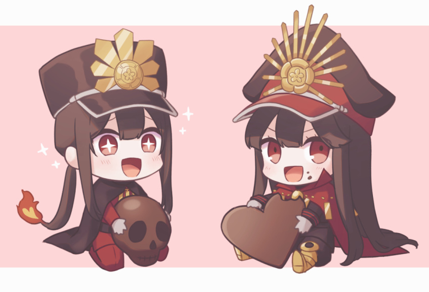 1boy 1girl black_headwear brother_and_sister family_crest fate/grand_order fate_(series) hat long_hair long_sleeves oda_nobukatsu_(fate) oda_nobunaga_(fate) oda_uri peaked_cap pink_background ponytail red_eyes siblings simple_background yzrh0