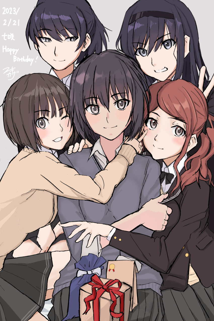 5girls :d absurdres amagami arms_around_back arms_around_neck artist_name birthday black_hairband black_jacket black_sailor_collar black_skirt blazer blush bob_cut bow box breasts brown_eyes brown_hair brown_sweater bunny_ears_prank closed_mouth commentary dated dress_shirt gift gift_bag gift_box girl_sandwich grey_background grey_eyes grey_sweater grin group_hug hairband hand_on_own_arm happy_birthday highres holding_own_arm hug jacket kibito_high_school_uniform leaning_forward long_hair long_sleeves looking_at_another looking_at_viewer looking_to_the_side medium_breasts morishima_haruka multiple_girls nakata_sae nanasaki_ai one_eye_closed parted_lips pleated_skirt ponytail red_bow red_ribbon ribbon sailor_collar sandwiched school_uniform shirt short_hair sidelocks signature simple_background sitting skirt smile standing sweater tachibana_miya tsukahara_hibiki twintails twitter_username v wavy_hair white_shirt yuta-only