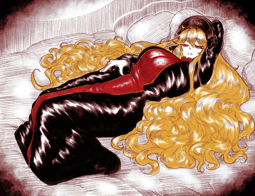 1girl arm_up black_dress blonde_hair breasts commentary dress english_commentary expressionless full_body gold_trim hair_between_eyes half-closed_eyes headdress highres huge_breasts junko_(touhou) long_dress long_hair looking_at_viewer lying on_back on_bed parted_lips phoenix_crown pillow red_eyes red_tabard solo tabard touhou user_tzdw8852 very_long_hair