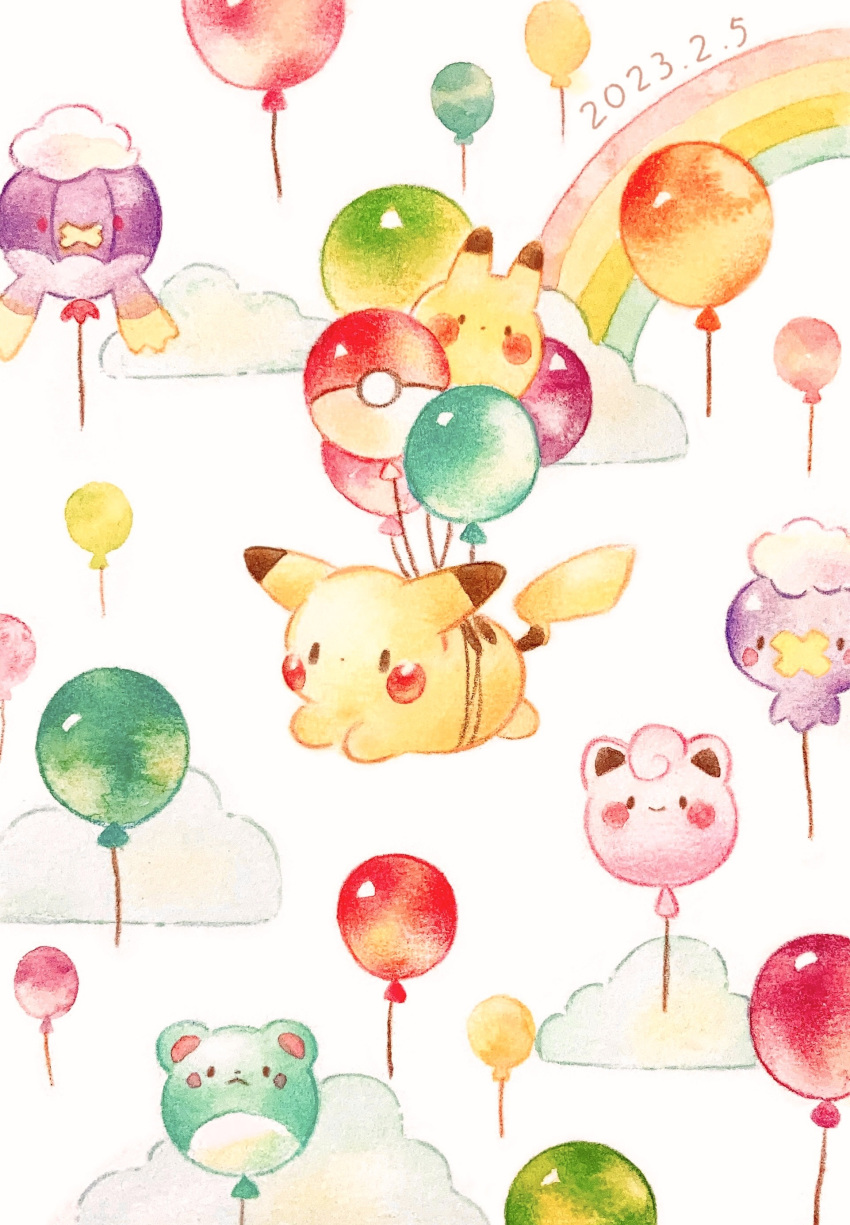 absurdres balloon character_balloon clefairy clouds colored_pencil_(medium) commentary_request dated drifblim drifloon english_commentary floating highres marill mixed-language_commentary painting_(medium) pikachu pikachu_day poke_ball_symbol pokemon pokemon_(creature) rainbow simple_background sky solid_oval_eyes traditional_media watercolor_(medium) white_background yukichi_0611