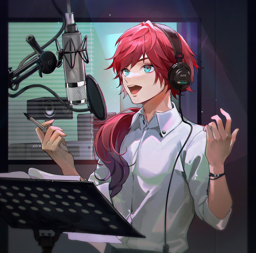 1boy absurdres black_headphones bracelet clip_studio_paint_(medium) collared_shirt green_eyes hair_over_shoulder hands_up highres holding holding_pen jewelry lauren_iroas long_hair looking_ahead looking_up low_ponytail male_focus microphone moko_(moko/moko) music_stand nijisanji open_mouth outside_border paper pen pillarboxed pop_filter recording_studio redhead shirt sleeves_past_elbows solo studio_microphone teeth upper_body upper_teeth_only virtual_youtuber white_shirt