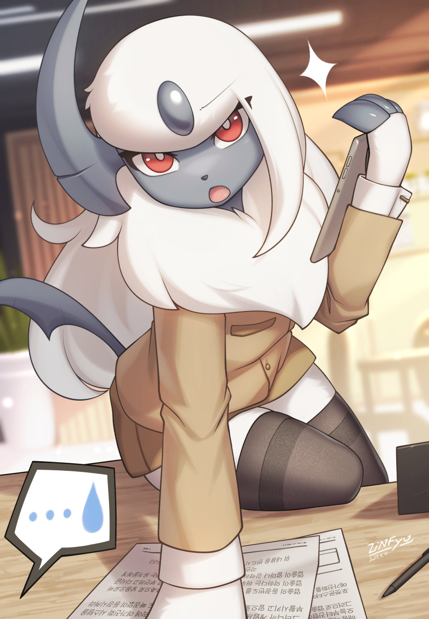 ... absol absurdres artist_name black_thighhighs brown_jacket clipboard clothed_pokemon dated highres holding holding_clipboard indoors jacket looking_at_viewer office open_mouth pokemon pokemon_(creature) pov_across_table solo speech_bubble thigh-highs watermark zinfyu