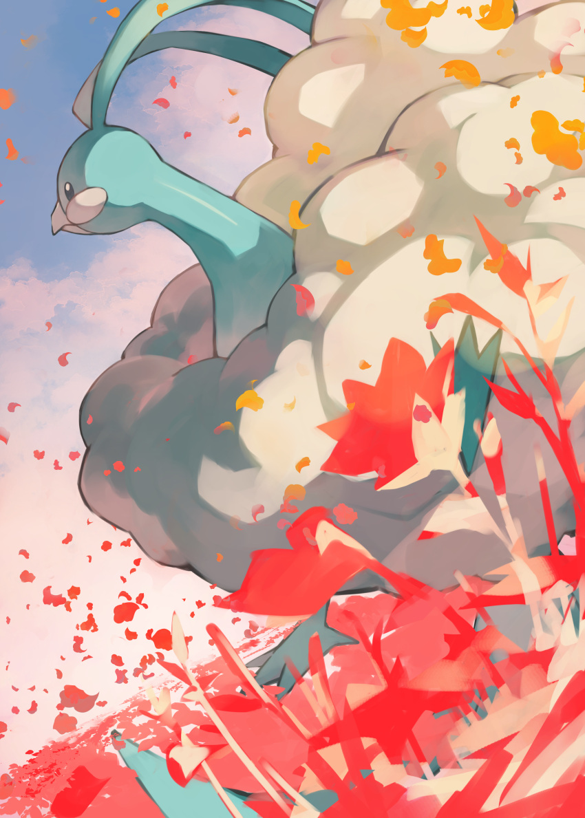 absurdres altaria bird bright_pupils closed_mouth commentary_request day falling_petals from_side gara_(qbeuxvii22) grey_eyes highres no_humans outdoors petals pokemon pokemon_(creature) sky solo white_pupils