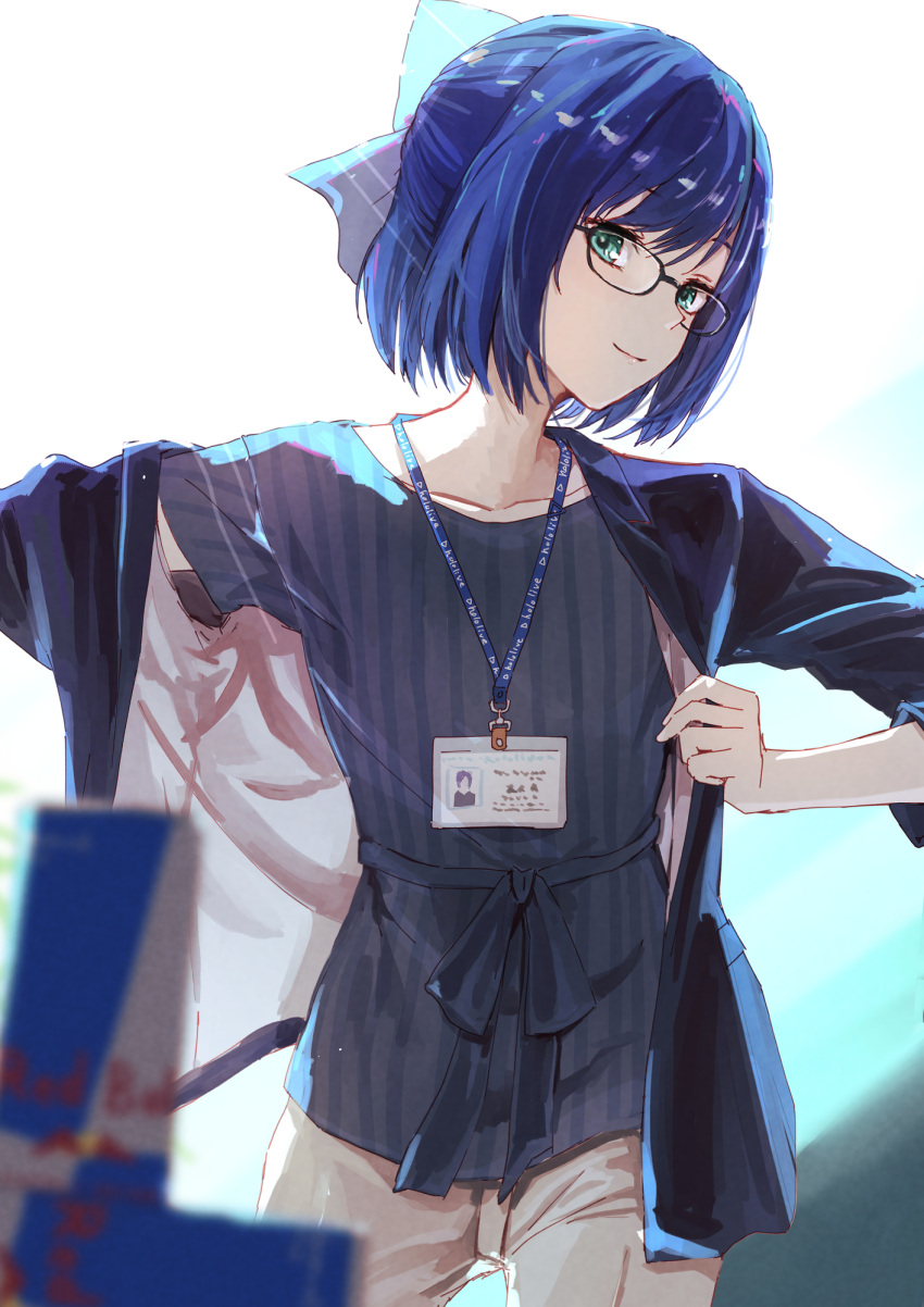 1girl a-chan_(hololive) aqua_eyes blazer blue_hair blurry bow can collarbone depth_of_field glasses hair_bow highres hololive id_card jacket looking_at_viewer pants red_bull shirt short_hair smile solo striped striped_shirt vertical-striped_shirt vertical_stripes virtual_youtuber yami_ara