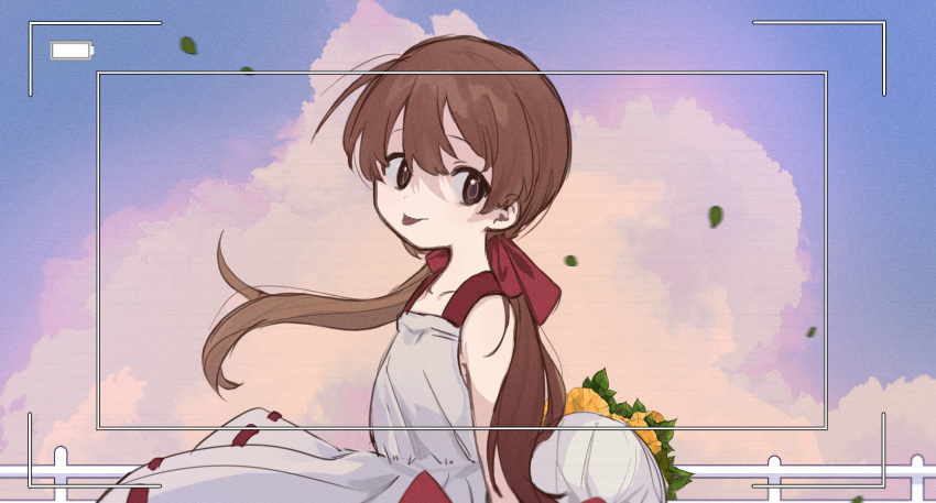 1girl arms_behind_back battery_indicator black_eyes blue_sky bouquet bow brown_hair closed_mouth clouds collarbone commentary_request day dress falling_leaves floating_hair flower from_side hair_bow highres holding holding_bouquet hrdrifter leaf long_hair looking_at_viewer looking_to_the_side low_twintails makitsuki multiple_hair_bows outdoors raised_eyebrows red_bow sky sleeveless sleeveless_dress smile solo spaghetti_strap sundress tongue tongue_out twintails upper_body viewfinder white_dress wind wind_lift yellow_flower yume_tagai
