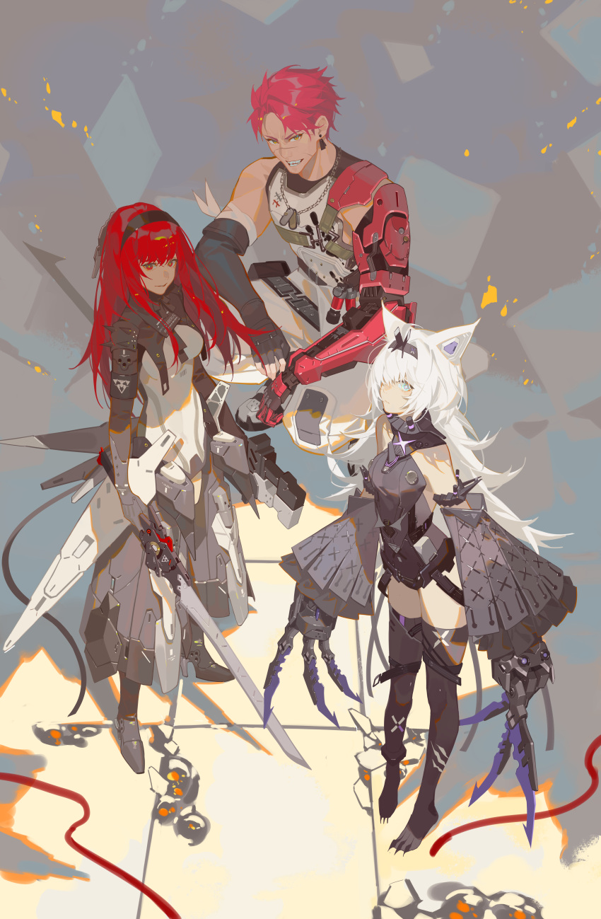 1boy 2girls absurdres animal_ears black_bodysuit black_gloves black_hairband black_sleeves black_thighhighs bodysuit claw_(weapon) cross-shaped_pupils detached_sleeves dog_tags dual_wielding earrings elbow_gloves fake_animal_ears fingerless_gloves gloves hairband highres holding holding_sword holding_weapon jewelry long_hair mechanical_arms multiple_girls no.21:_feral_scent_(punishing:_gray_raven) no.21_(punishing:_gray_raven) noctis_(punishing:_gray_raven) orange_eyes pants punishing:_gray_raven red_eyes redhead scar scar_on_face shirt short_hair single_mechanical_arm sleeveless sleeveless_shirt sleeves_past_wrists sword symbol-shaped_pupils thigh-highs vera:_rozen_(punishing:_gray_raven) vera_(punishing:_gray_raven) weapon white_bodysuit white_hair white_pants white_shirt wolf_ears xe367